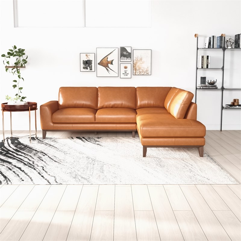 Allora Mid-Century L-Shaped Tight Back Leather Right-Facing Sectional in Tan