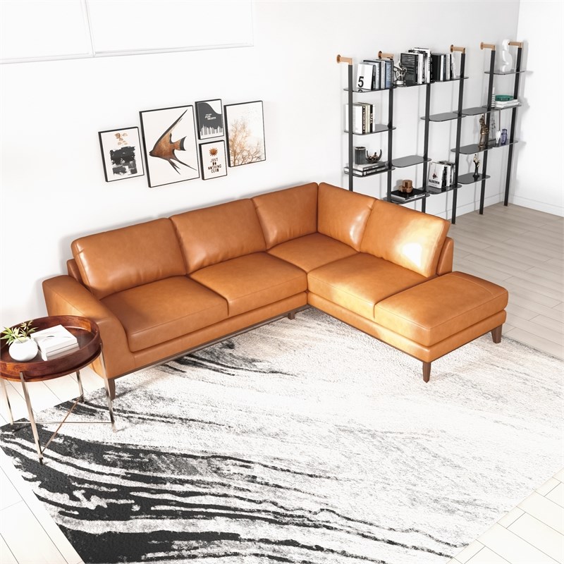 Allora Mid-Century L-Shaped Tight Back Leather Right-Facing Sectional in Tan