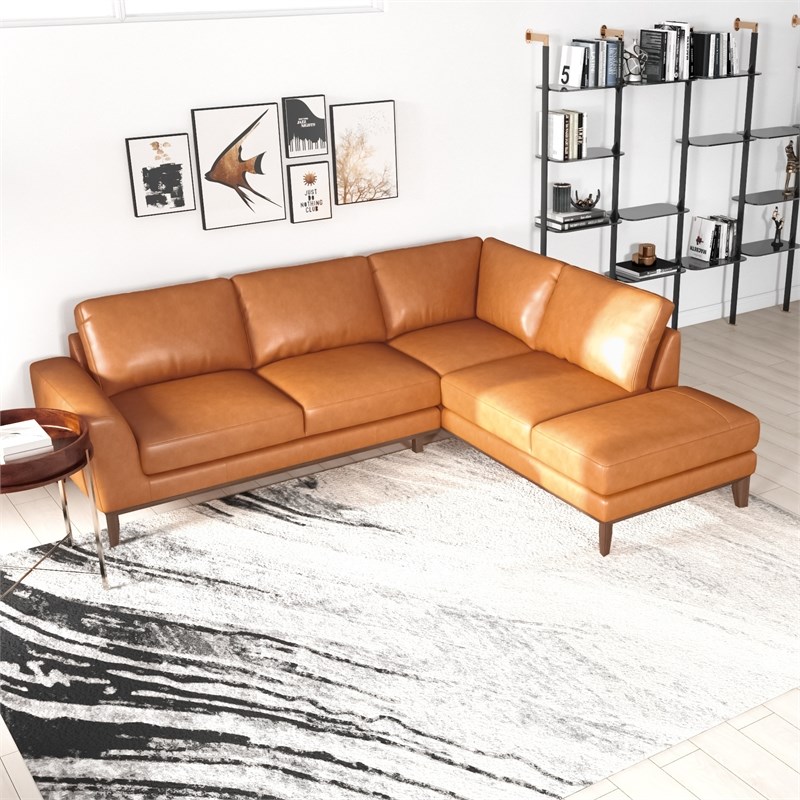 Allora Mid-Century L-Shaped Tight Back Leather Right-Facing Sectional in Tan