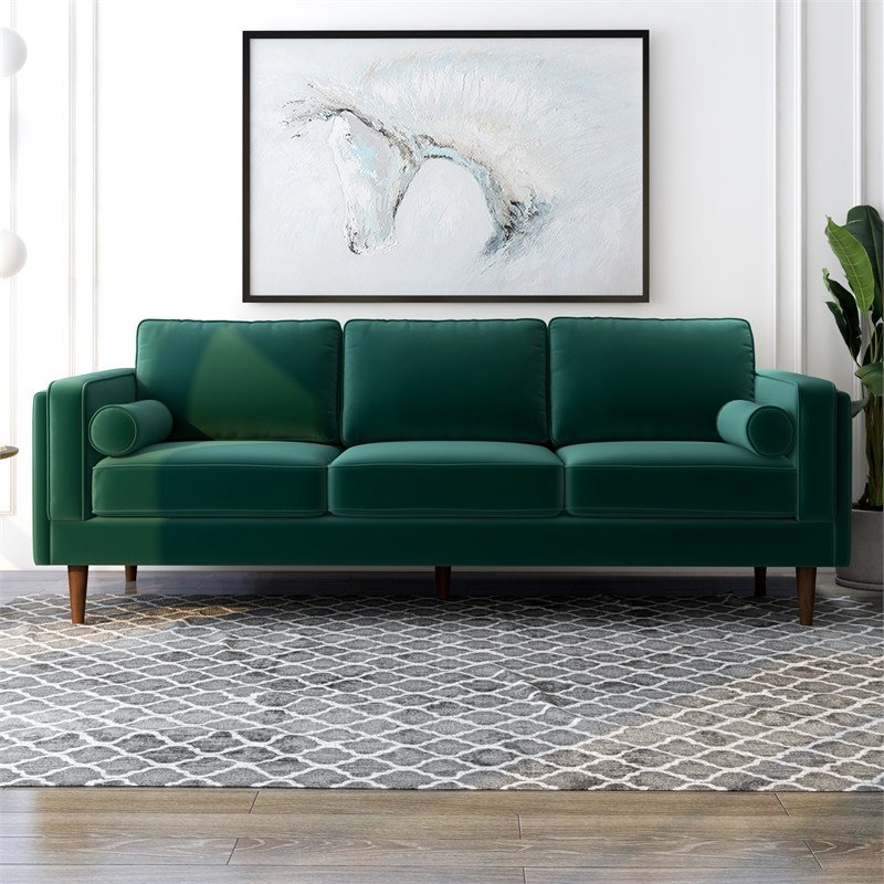 Allora Mid-Century Design Modern Pillow Back Velvet Sofa in Green