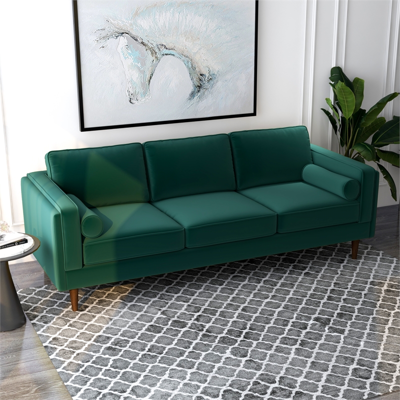 Allora Mid-Century Design Modern Pillow Back Velvet Sofa in Green