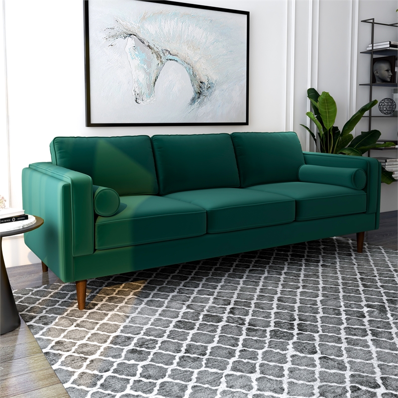 Allora Mid-Century Design Modern Pillow Back Velvet Sofa in Green