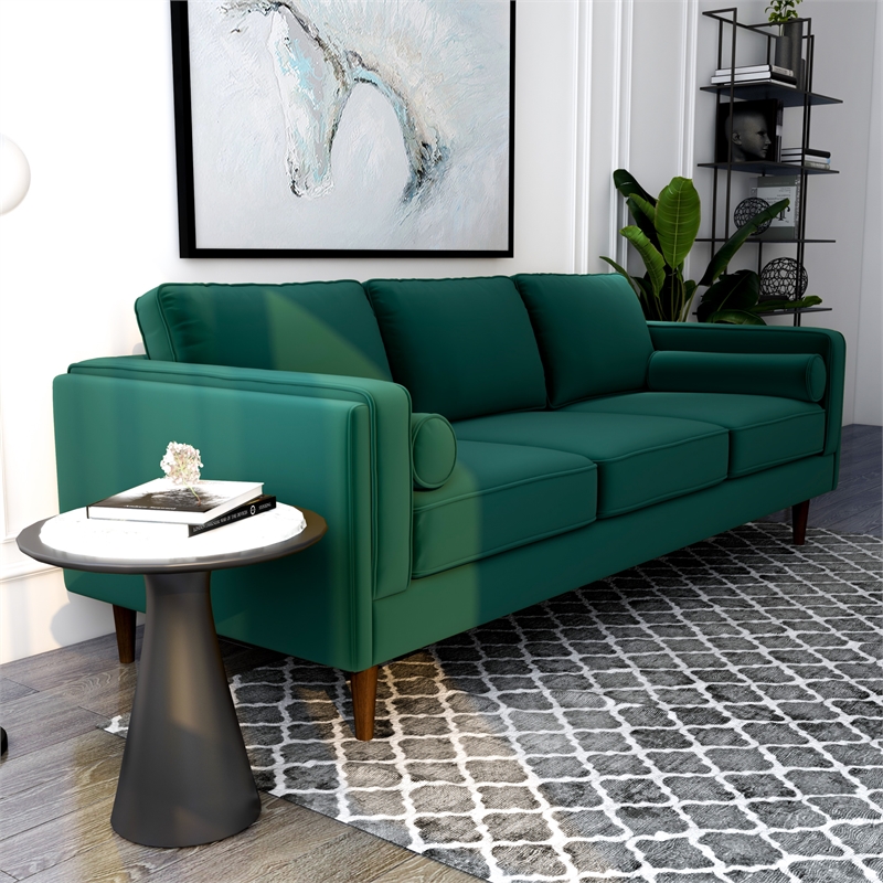Allora Mid-Century Design Modern Pillow Back Velvet Sofa in Green