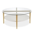 Allora Mid-Century Brass Metal Round Coffee Table with White Lacquer Shelf