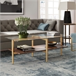 Allora Mid-Century Brass Metal Rectangle Coffee Table with Walnut Wood Shelf