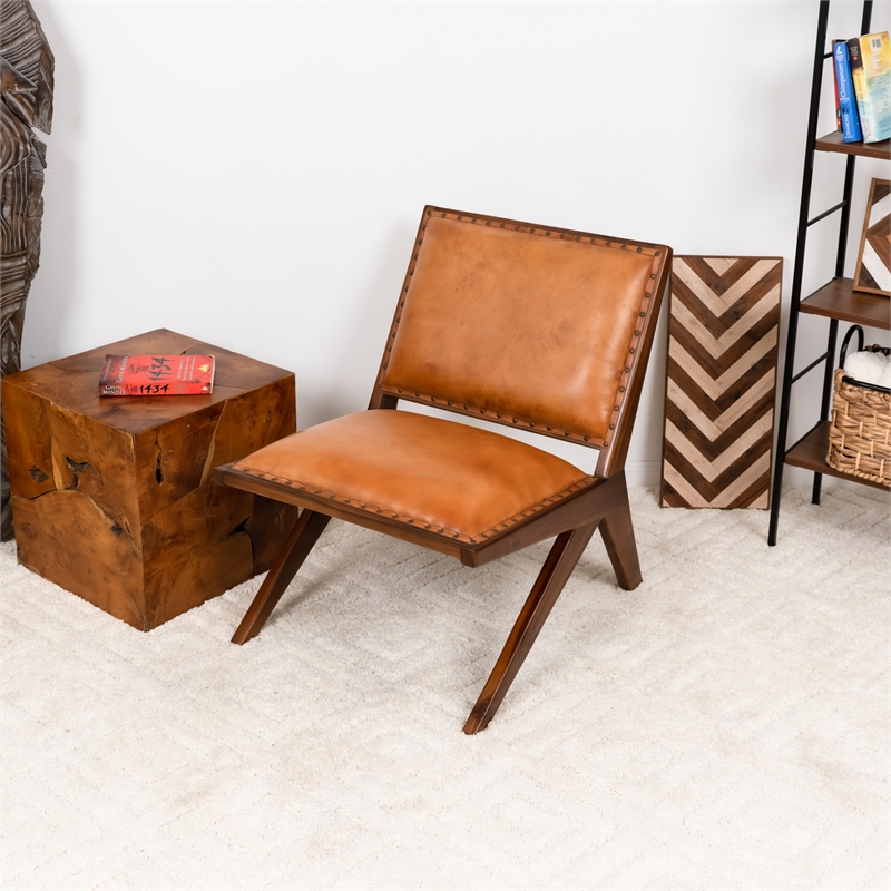 Allora Mid Century Modern Furniture Style Wide Top Leather Tan Comfy Armchair