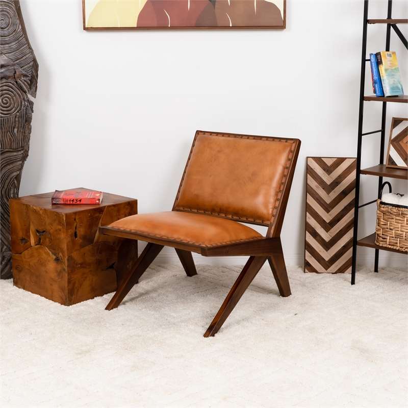 Allora Mid Century Modern Furniture Style Wide Top Leather Tan Comfy Armchair