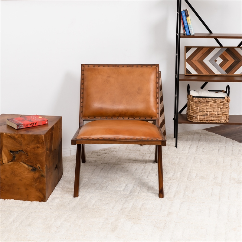 Allora Mid Century Modern Furniture Style Wide Top Leather Tan Comfy Armchair