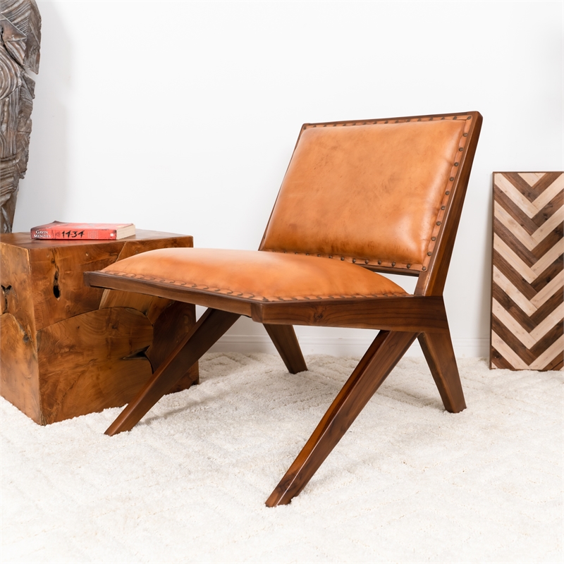 Allora Mid Century Modern Furniture Style Wide Top Leather Tan Comfy Armchair