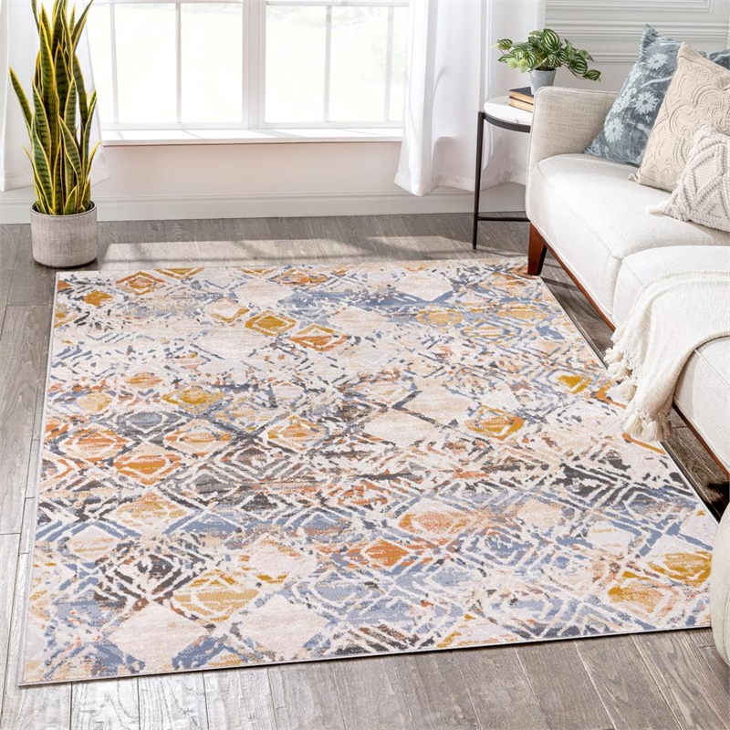 L'Baiet Lena Distressed Blue Geometric 5 ft. x 7 ft. Fabric Area Rug