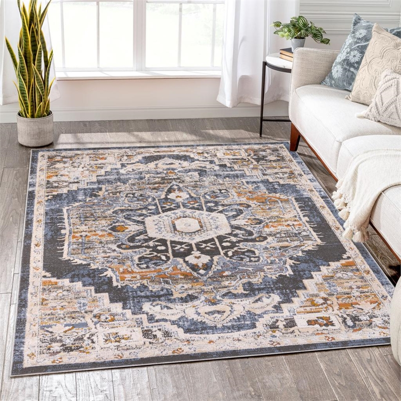 L'Baiet Lara Blue Oriental 8 ft. x 10 ft. Fabric Area Rug