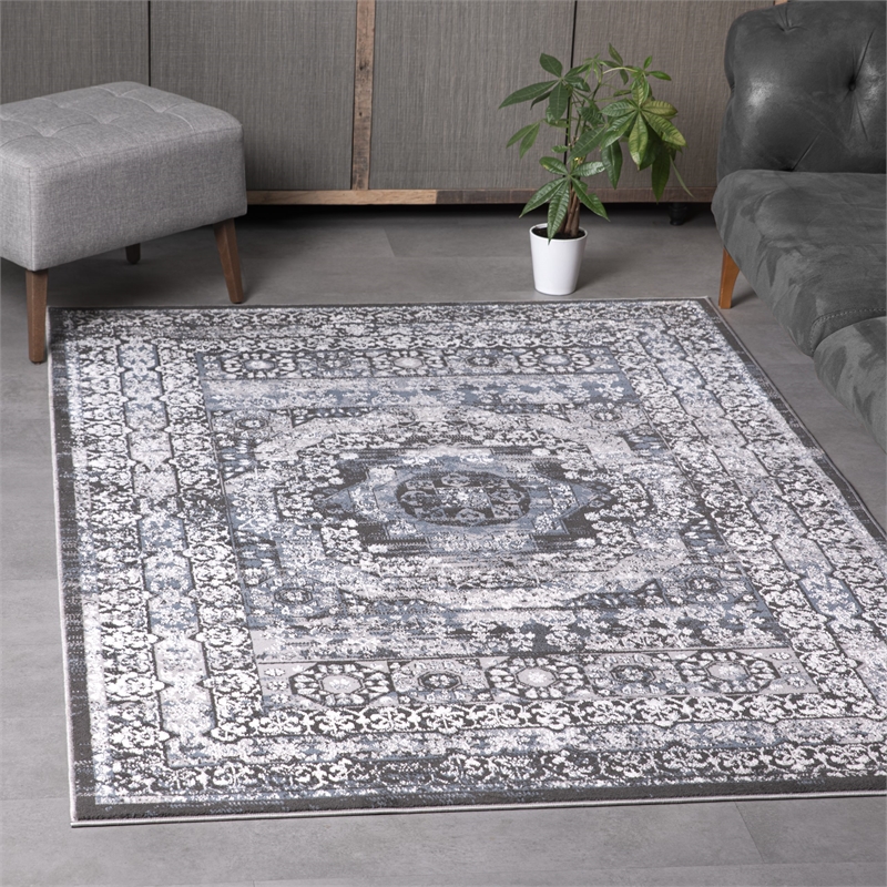 L'Baiet Lina Blue Oriental 5 ft. x 7 ft. Fabric Area Rug