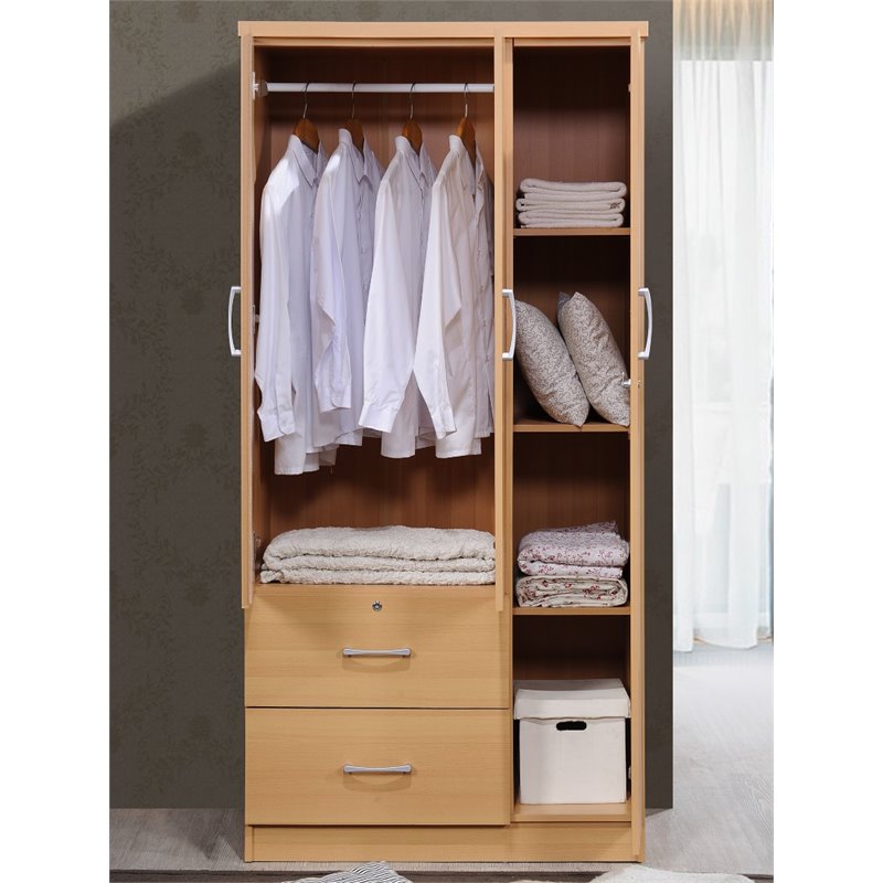 Maddie Home Everyday 3 Door Armoire with 2 Drawers 3 Shelves in Beech