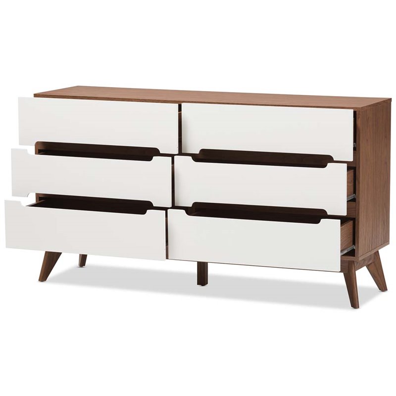 Maddie Home 6 Drawer Double Dresser in White and Walnut