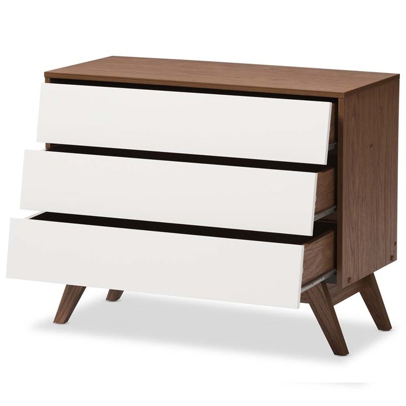 Maddie Home Mid-Century 3 Drawer Wood Chest in White/Walnut Brown