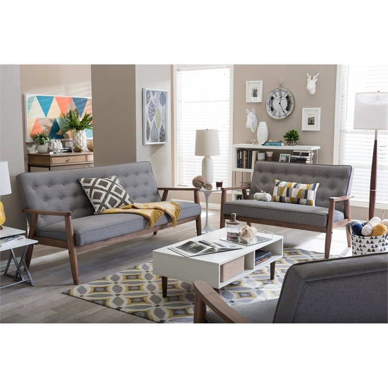 Maddie Home Faux Leather Tufted Loveseat in Gray and Walnut