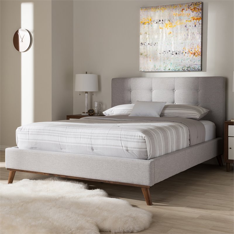 Maddie Home Mid-Century Fabric Upholstered Queen Platform Bed in Gray