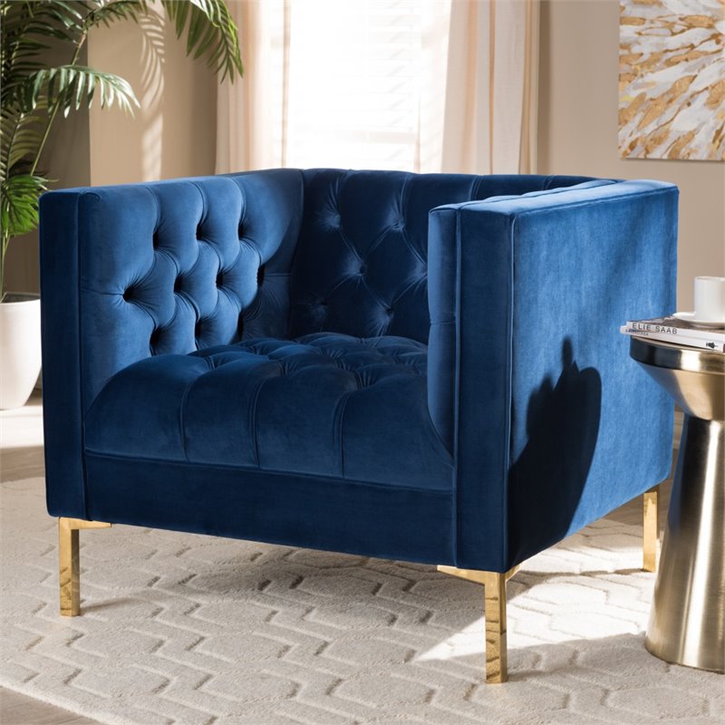 Maddie Home Velvet Tufted Lounge Chair in Navy and Gold