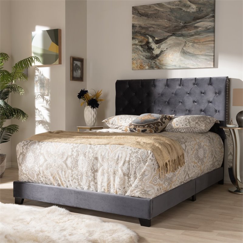 Maddie Home Modern Button Tufted Velvet Fabric King Bed in Dark Gray