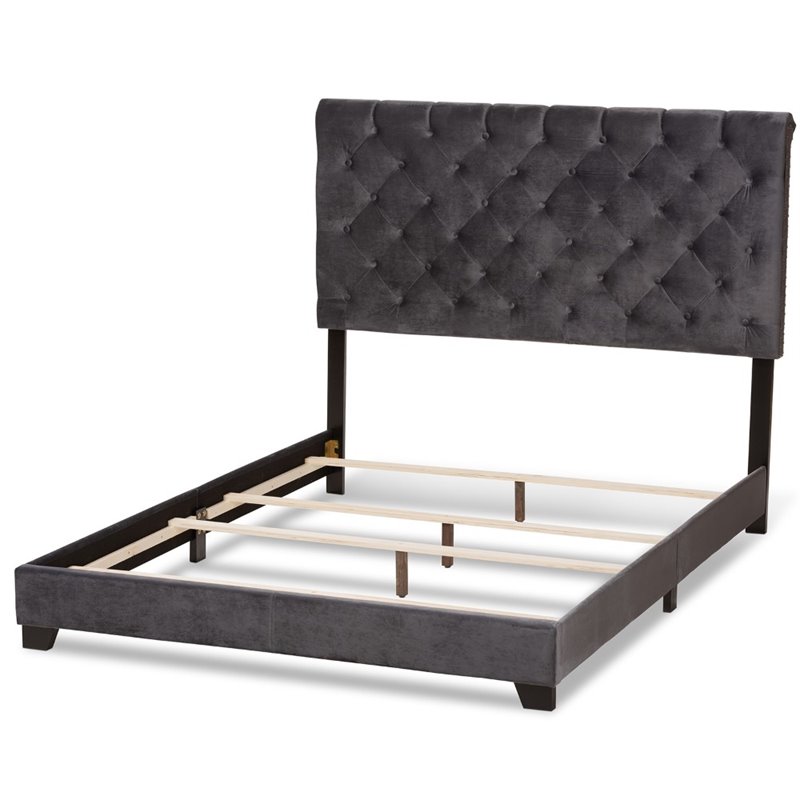 Maddie Home Modern Button Tufted Velvet Fabric King Bed in Dark Gray
