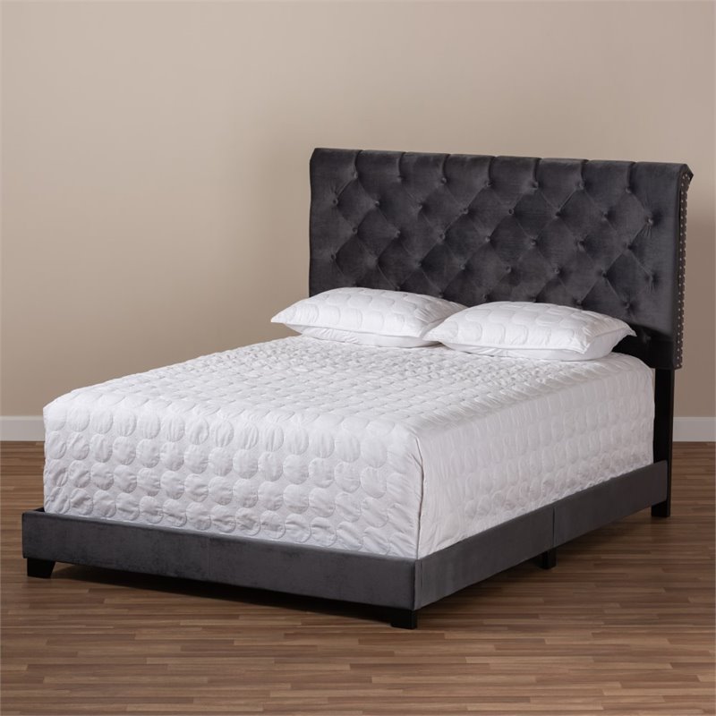 Maddie Home Modern Button Tufted Velvet Fabric King Bed in Dark Gray