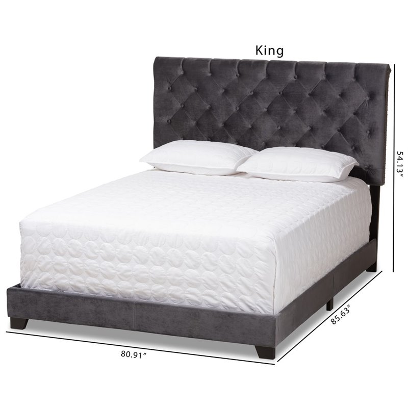 Maddie Home Modern Button Tufted Velvet Fabric King Bed in Dark Gray