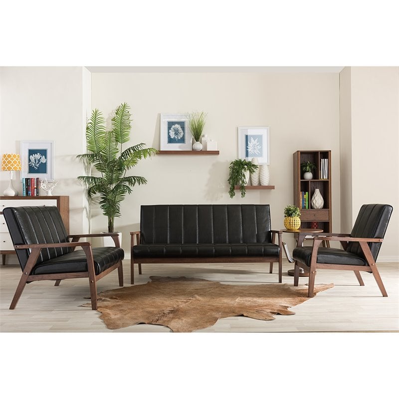 Maddie Home Faux Leather Sofa in Black and Walnut