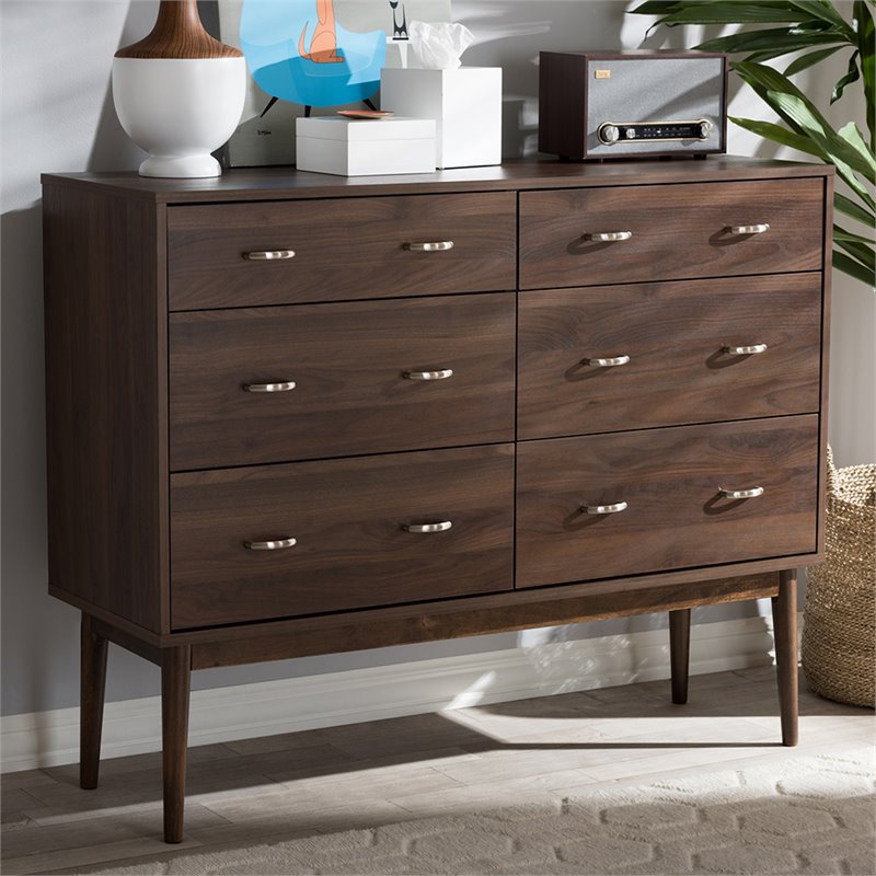 Maddie Home Particle Board Walnut Brown Double Dresser Rectangular 6 Drawers 45.75