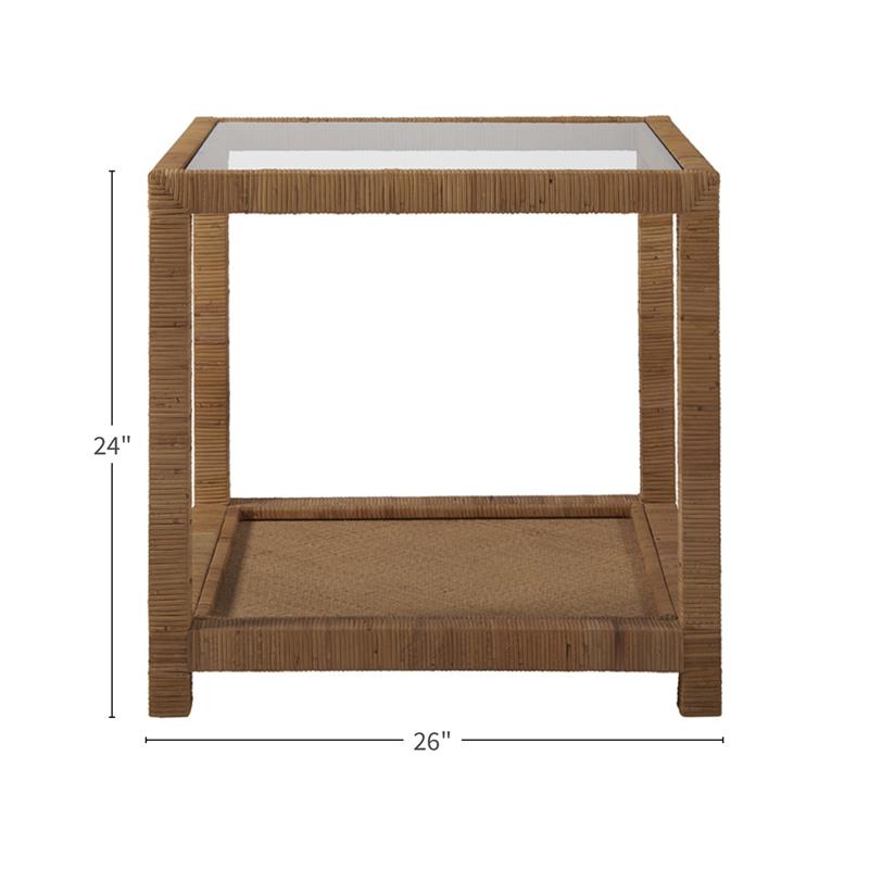 Escape Long Key End Table in Brown Woven Rattan Finish with Glass Top