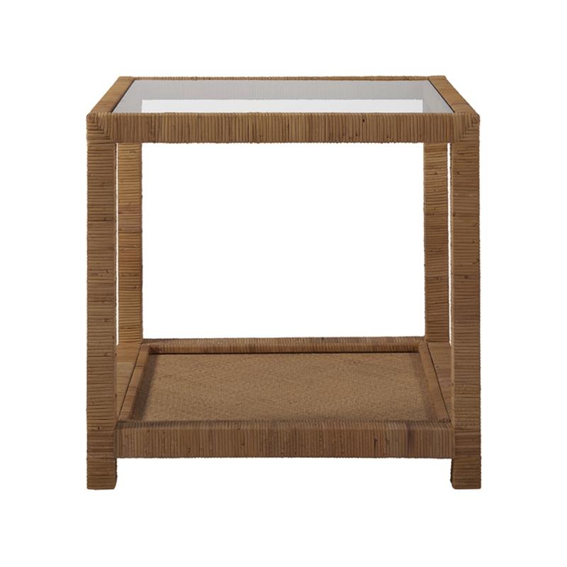 Escape Long Key End Table in Brown Woven Rattan Finish with Glass Top