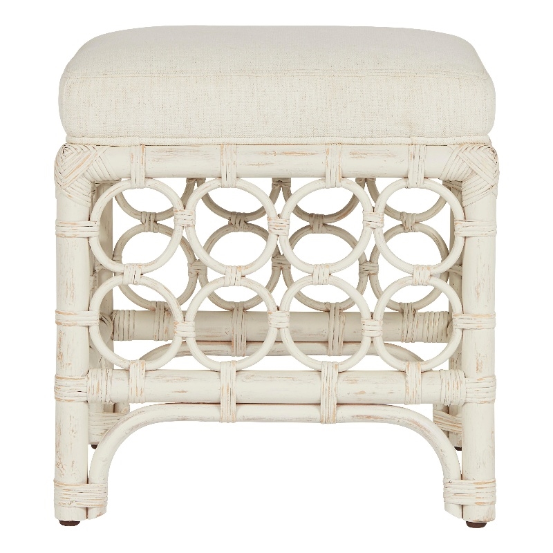 Coastal Living Upholstered Rattan Stool in Soft White Cane and Rattan