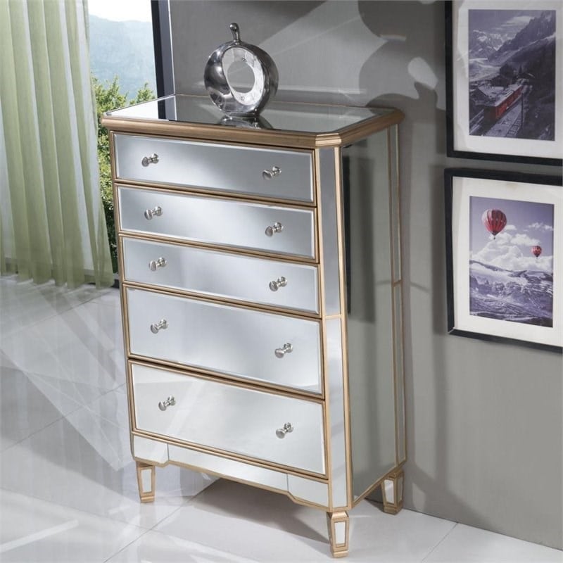 Elegant Decor Contempo 5 Drawer Mirrored Chest in Hand Rubbed Antique Gold