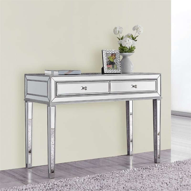 Elegant Decor Reflexion 2 Drawer Mirrored Bedroom Vanity Desk in Antique Silver
