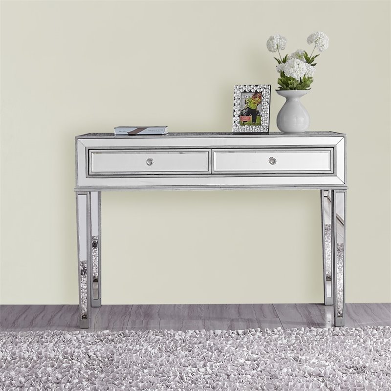 Elegant Decor Reflexion 2 Drawer Mirrored Bedroom Vanity Desk in Antique Silver