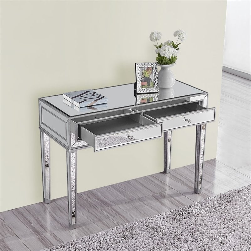 Elegant Decor Reflexion 2 Drawer Mirrored Bedroom Vanity Desk in Antique Silver
