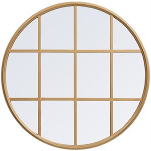 Elegant Decor Motif 28&quot Round Mid Century Metal Windowpane Frame Mirror in Brass
