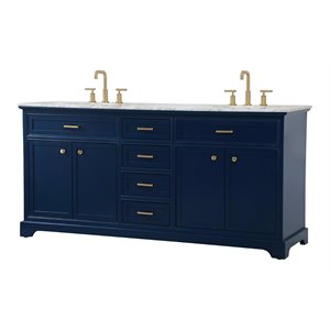 Elegant Decor Americana 72&quot Metal MDF Marble Double Bathroom Vanity in Blue