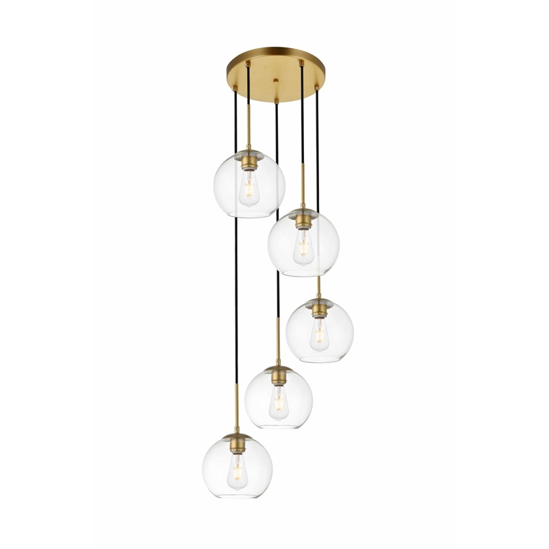 Living District Baxter 5-Light Metal Pendant in Brass and Clear Finish