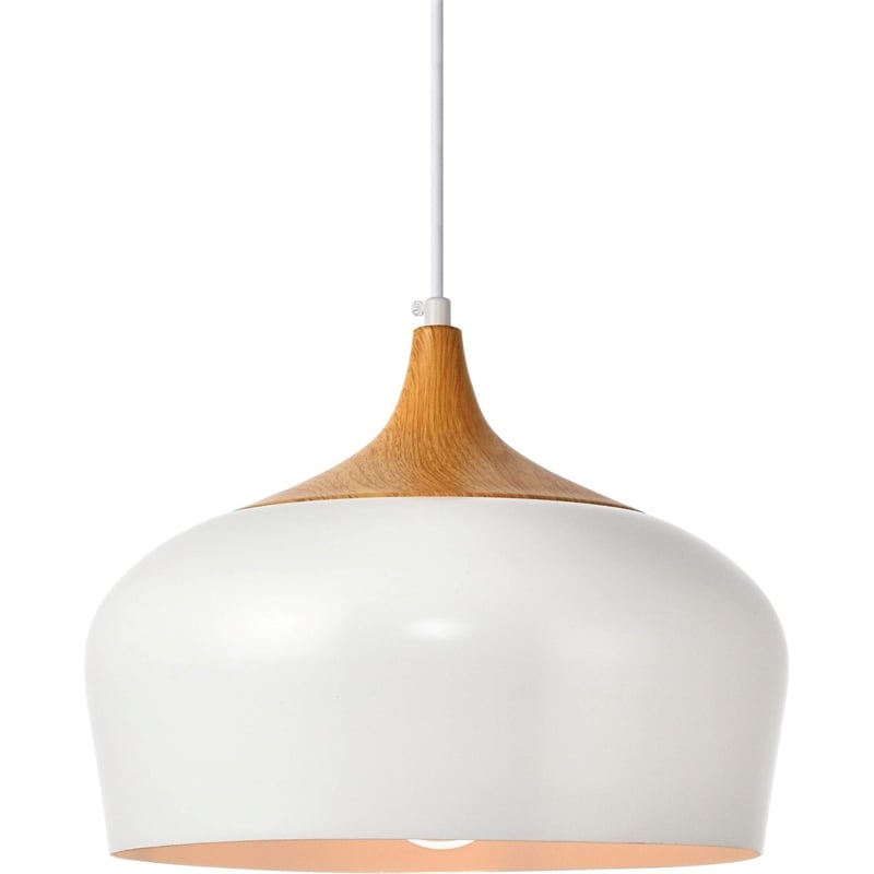 Living District Nora 1 Light Aluminum Pendant in White & Natural Wood