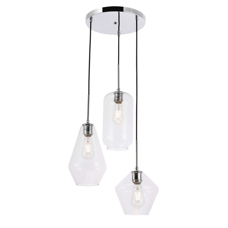 Living District Gene 3-Light Mid-Century Metal Pendant in Chrome and Clear
