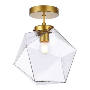 Living District Lawrence 1-Light Mid-Century Metal Flush Mount in Brass/Clear