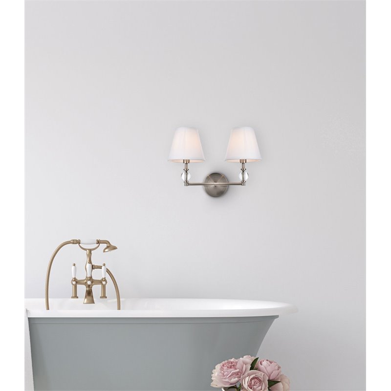 Living District Bethany 2-Light Metal Bath Sconce in Satin Nickel and White