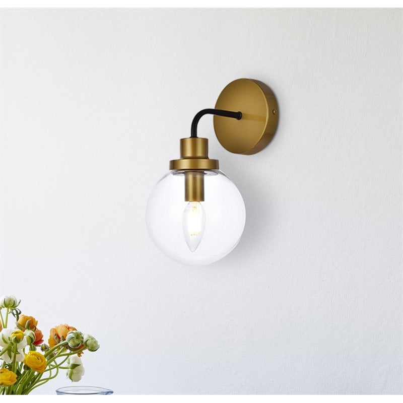Living District Hanson 1-Light Metal Bath Sconce w/ Clear Shade in Black/Brass
