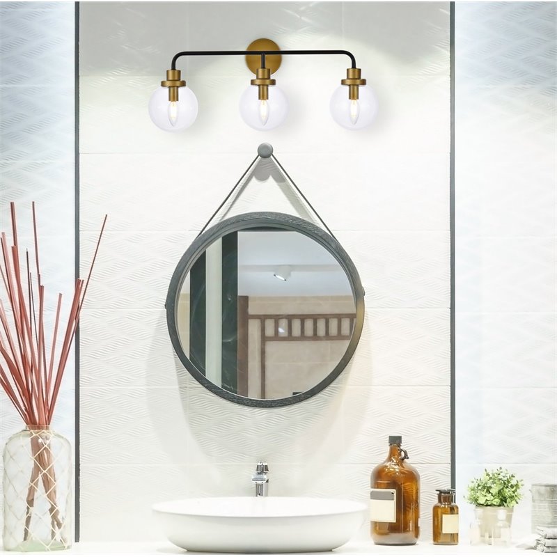 Living District Hanson 3-Light Metal Bath Sconce w/ Clear Shade in Black/Brass