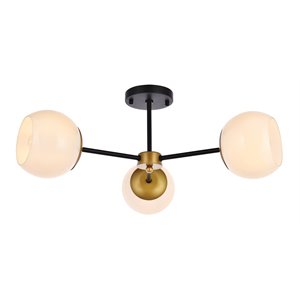 Living District Briggs 3-Light Metal Flush Mount w/ White Shade in Black/Brass