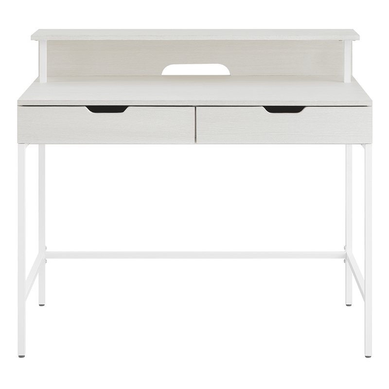 Contempo 40-Inch Desk with 2 drawers and Shelf Hutch in White Metal Steel Legs