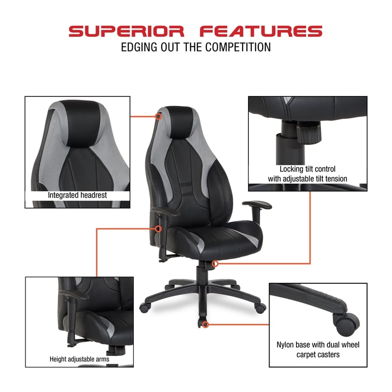 Commander Gaming Chair in Black Faux Leather and Gray Accents