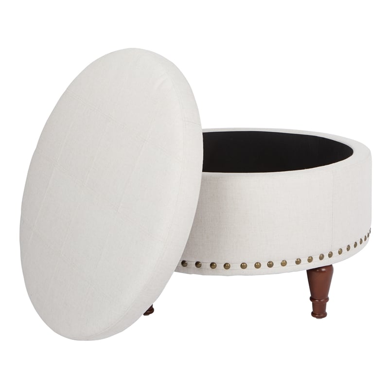 Alloway Storage Ottoman in Linen Natural Fabric with Antique Bronze Nailheads