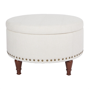 Alloway Storage Ottoman in Linen Natural Fabric with Antique Bronze Nailheads