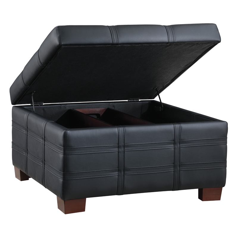 Detour Strap Square Storage Ottoman in Black Faux Leather